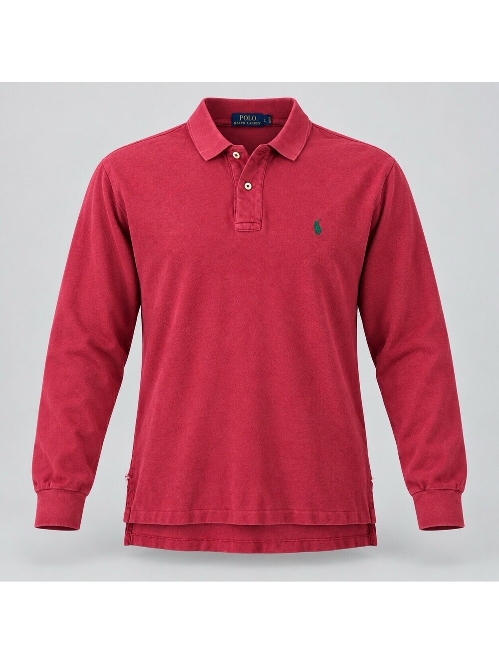 Vintage Y2K Polo Ralph Lauren Mens L Red Long Sleeve Polo Green Pony Flaw